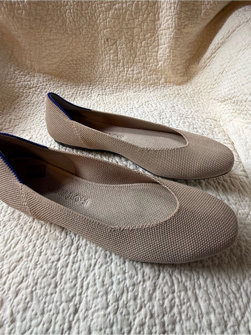 Rothy’s The Flat Flax Birdseye Knit Ballet Flats Blue Trim Size 6.5